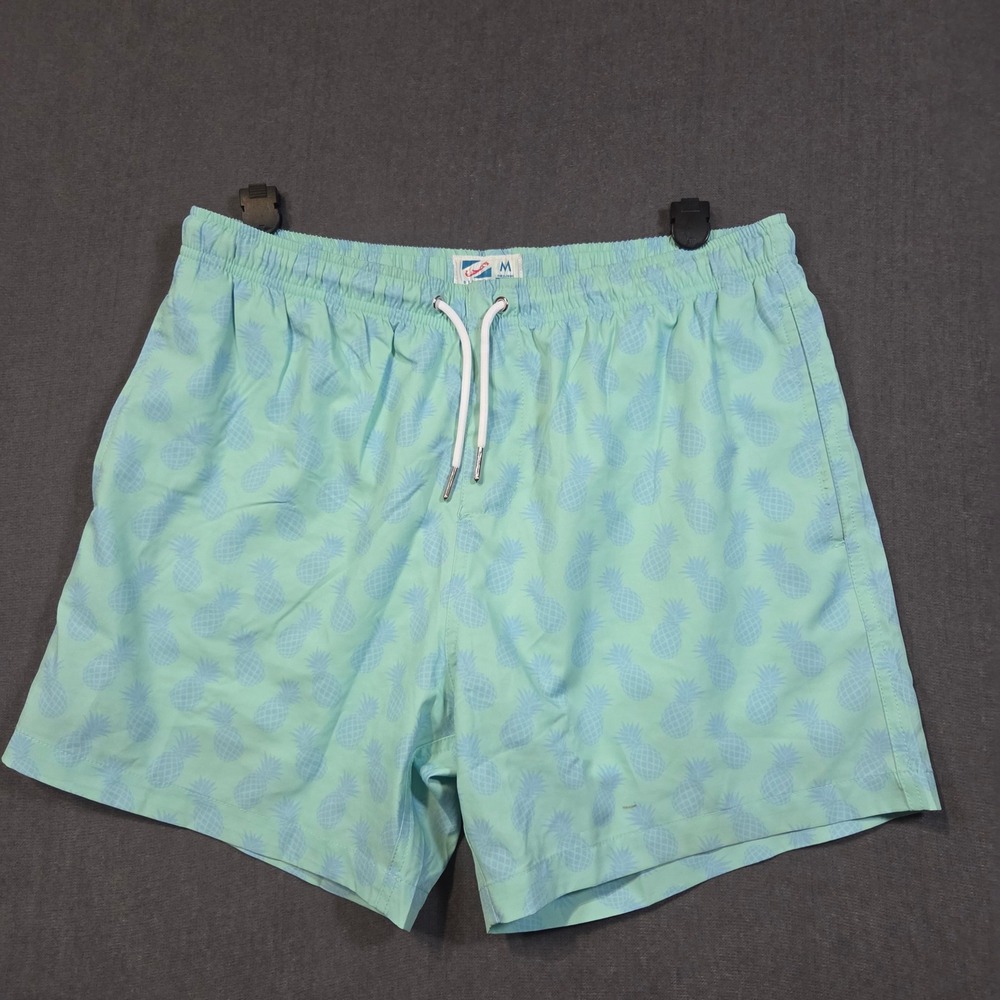 Bermies Swim Trunks Mens Medium Aqua Blue Pineapple Print 5 Inch Inseam Shorts